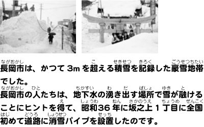 長岡市は、かつて3mを超える積雪を記録した豪雪地帯でした。 長岡市の人たちは、地下水の湧き出す場所で雪が融けることにヒントを得て、昭和36年に坂之上1丁目に全国初めて道路に消雪パイプを設置したのです。