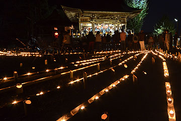 「お寺や神社の境内、沿道にきれいな竹灯籠」の画像
