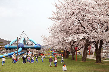 「遊具いっぱいの公園はピクニックにぴったり」の画像