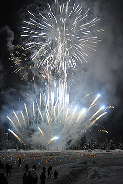 「雪上花火が冬の夜空を鮮やかに彩りました」の画像